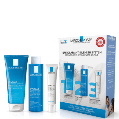 The Laroche Posay 3-Step Effaclar Anti-Blemish System regimen is a dermatologist-recommended routine with the promise of visible results from 12 hours.